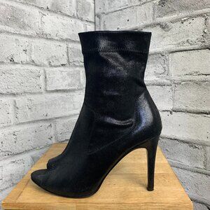 Pedro Garcia Peep Toe Sock Bootie 40 Black Waxed Leather Stretch Microfiber Boot
